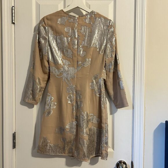 Self Portrait Dress Metallic Fil Coupe Ruffle Mini Beige Tan Silver Cocktail 4 - Picture 9 of 15